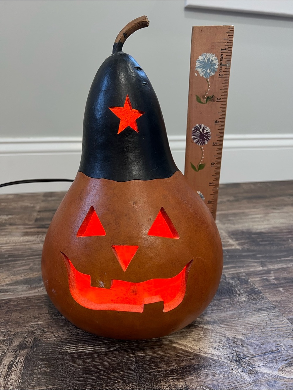 Light Up Gourd Jack O Lantern Primitive Halloween Folk Art Decor